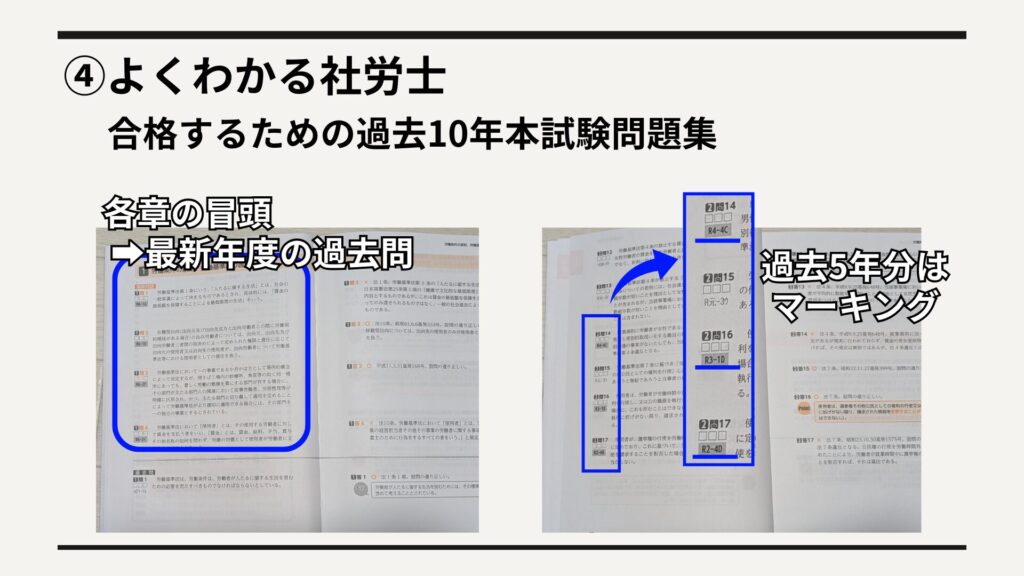 最新年度の問題を先頭に掲載、過去5年分はマーク付き