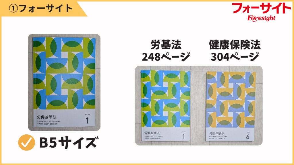 フォーサイトのテキストは一般的なB5サイズ。
労基法は248ページ・健保法は304ページで、科目ごとにしっかり厚みがあります。