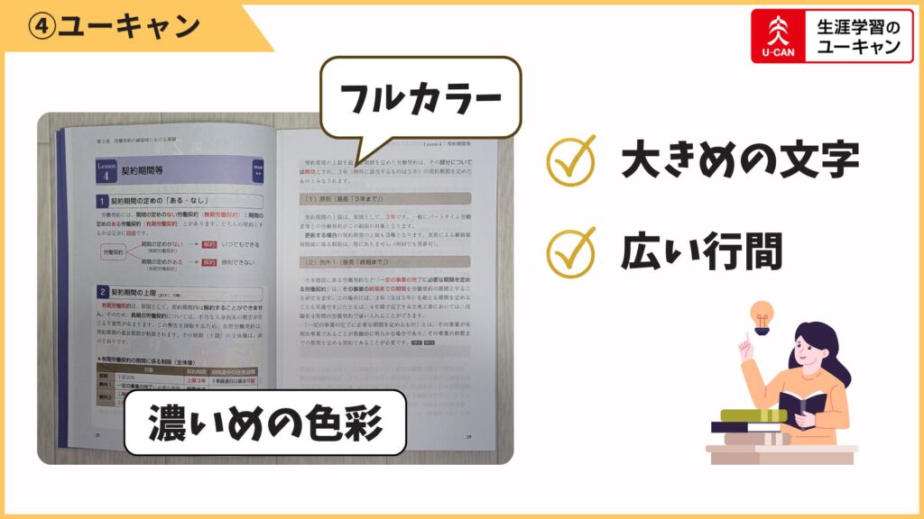 フルカラーで、重要な箇所は濃い色が使われています。
パッと見で「ここ大事」が分かりやすいですが、白地に濃い色なので長時間だと目が疲れるかもしれません。
文字が大きめで、行間も広め。情報量が多すぎず、スッと読める紙面です。