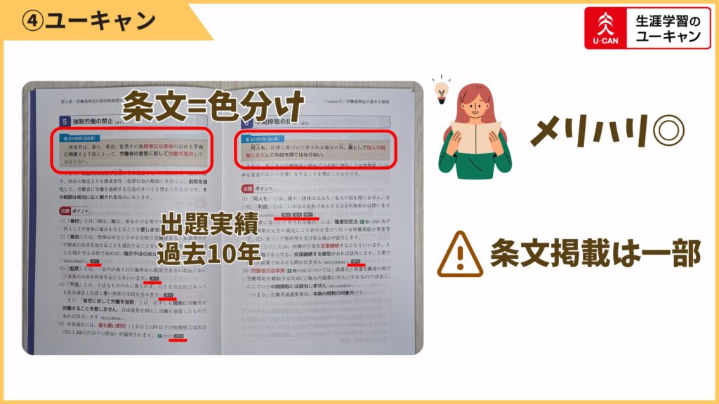 出題実績は10年分を掲載。条文は色分けされていて、視覚的なメリハリもあります。
ただし、条文はすべてを載せるのではなく厳選して掲載。
初学者が迷わない配慮とも言えますが、条文を意識しづらいのはデメリットでもあります。