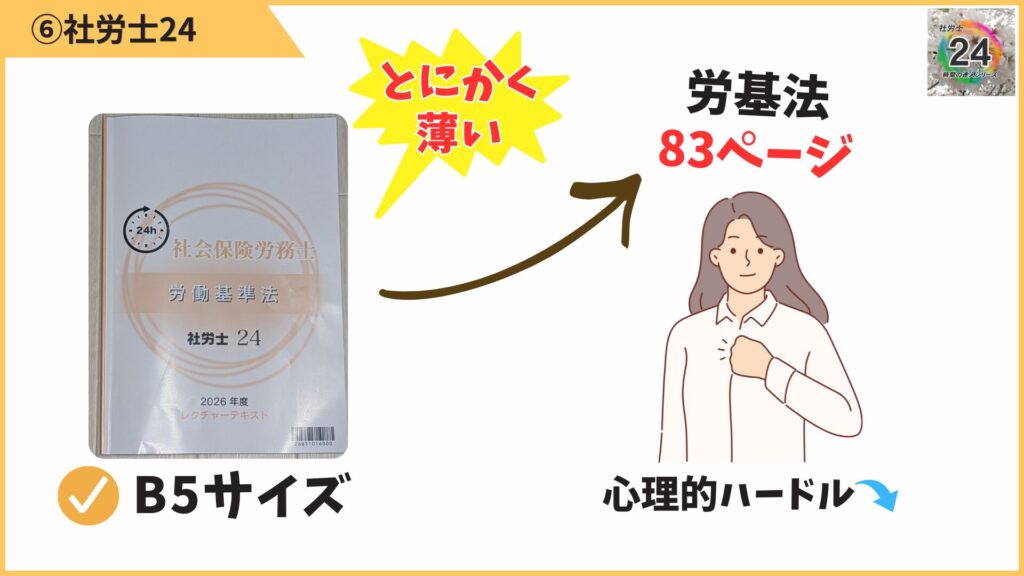 社労士24は重要論点だけに絞った薄いテキストで、学習のハードルを一気に下げてくれるのが強み。
サイズは一般的なB5。ただ手に取ると「まず薄い」と感じます。
労基法が83ページという軽さは、最初の心理的負担を下げてくれます。
