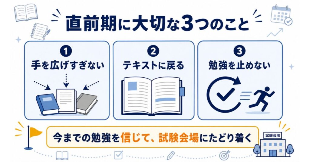 まとめ|直前期は「今までの勉強を信じて、試験会場にたどり着く」