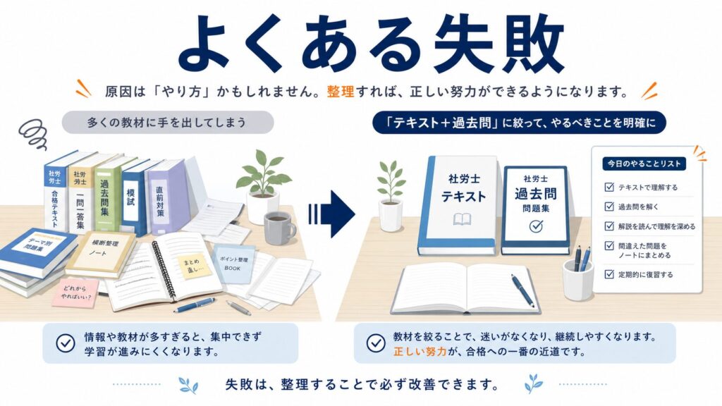 社労士試験の教材の使い方でよくある失敗|テキスト・問題集・模試