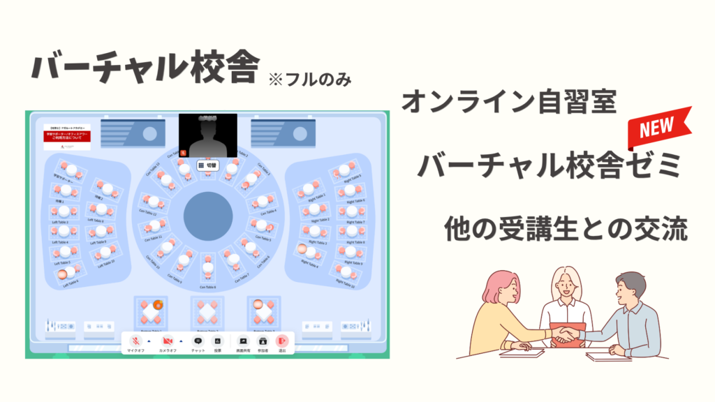 フルでは、バーチャル校舎も利用できます。
2027年度からはゼミも行われており、ほかの受講生と学べる環境もあります。